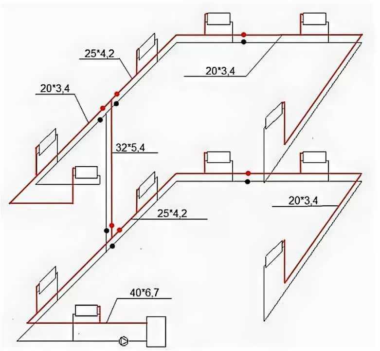 Отопление частный дом два этажа. Схема разводки трубопровода системы отопления двухтрубная. Система отопления ленинградка схема (2 этажа). Схема системы отопления двухтрубка. Схема Тихельмана отопления двухэтажного.