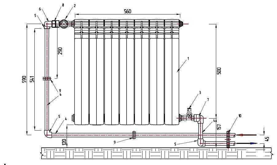 Батарей отопления схема установки