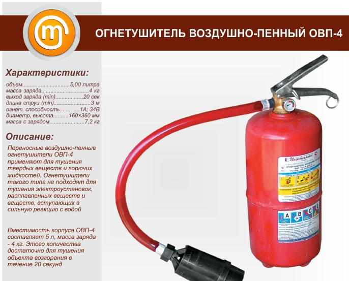 Пенный огнетушитель ОХП-10: область применения, схема устройства и принцип работы огнетушителя, емкость заряда, общая масса, дальность выброса пены